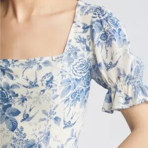 Reformation Blue and Cream Puff Sleeve Smocked Blouse